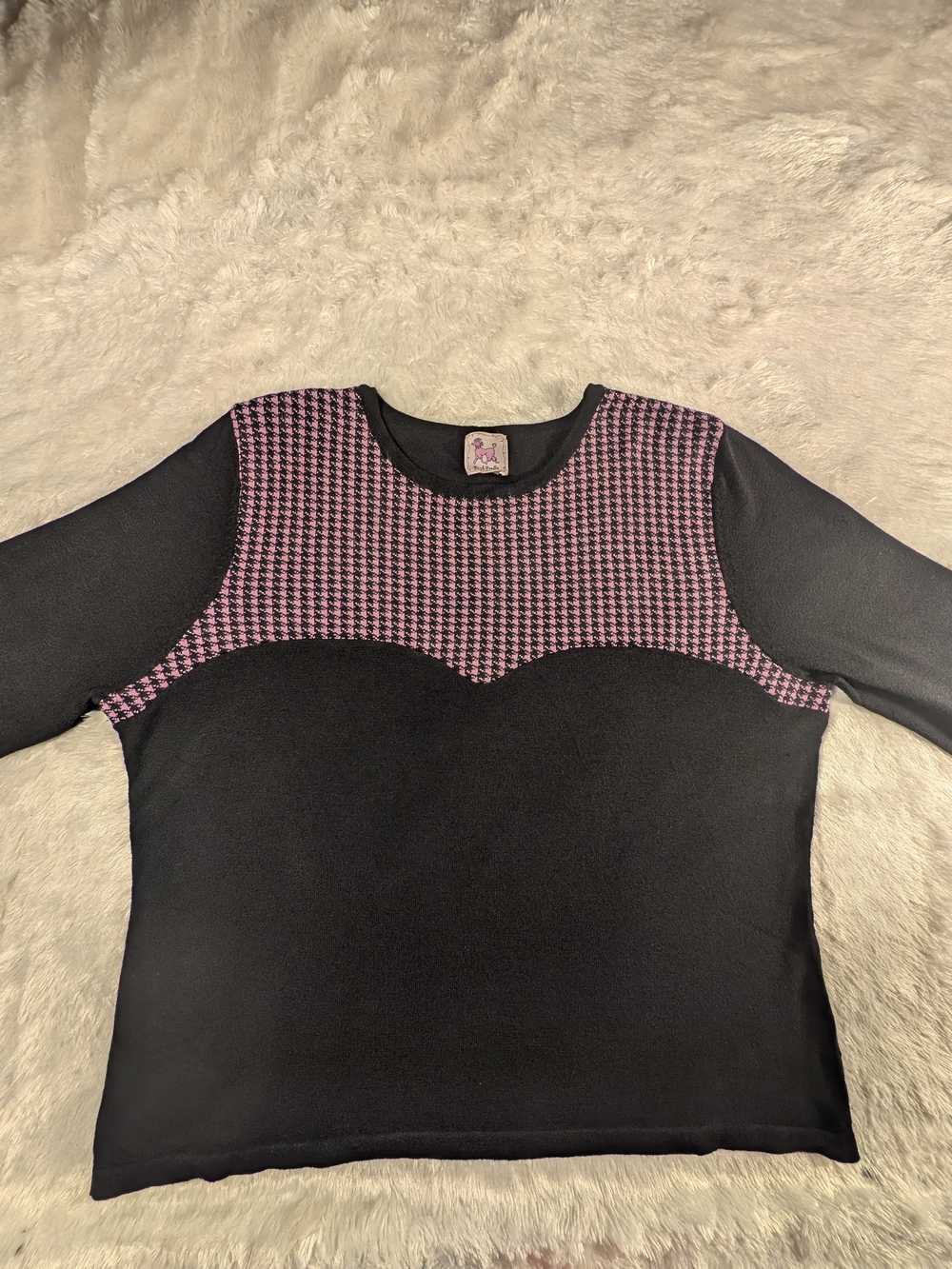 Black Top with Pink Houndstooth Yoke - Women's Long Sleeve Blouse